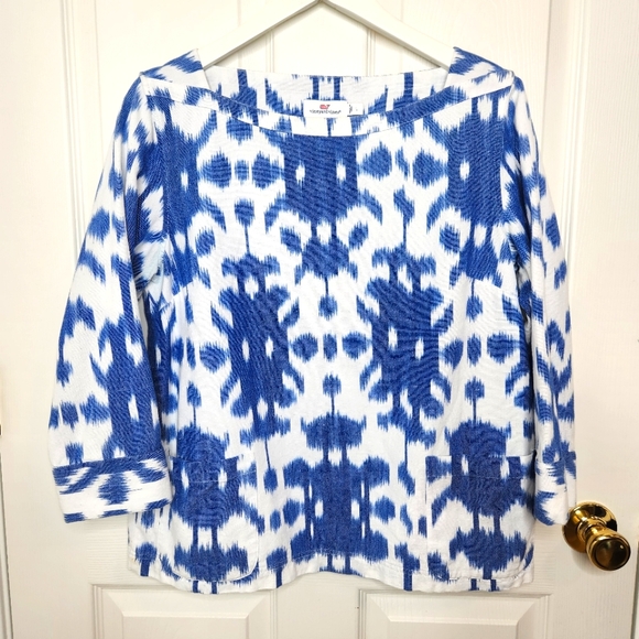 Vineyard Vines Tops - Vineyard Vines Ikat Blue White Top Boat Neck 3/4 Sleeves Size Large